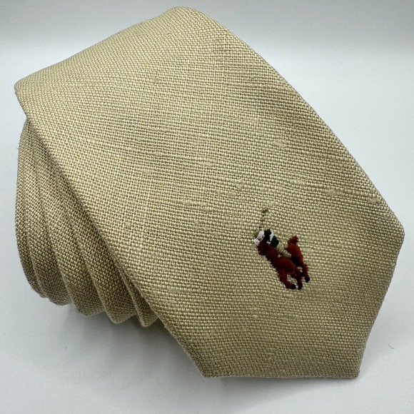 Polo Ralph Lauren Other - Polo Ralph Lauren Mens Tie Tan 100% Linen Embroidered Pony Logo Luxury Designer